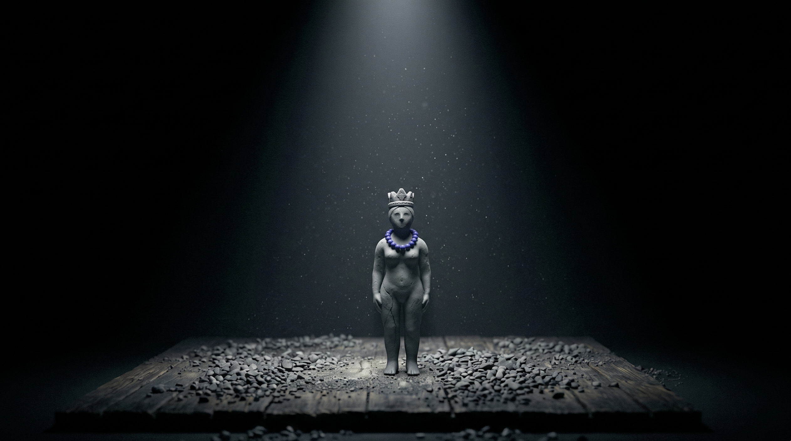 Ceramic figure standing in a spotlight